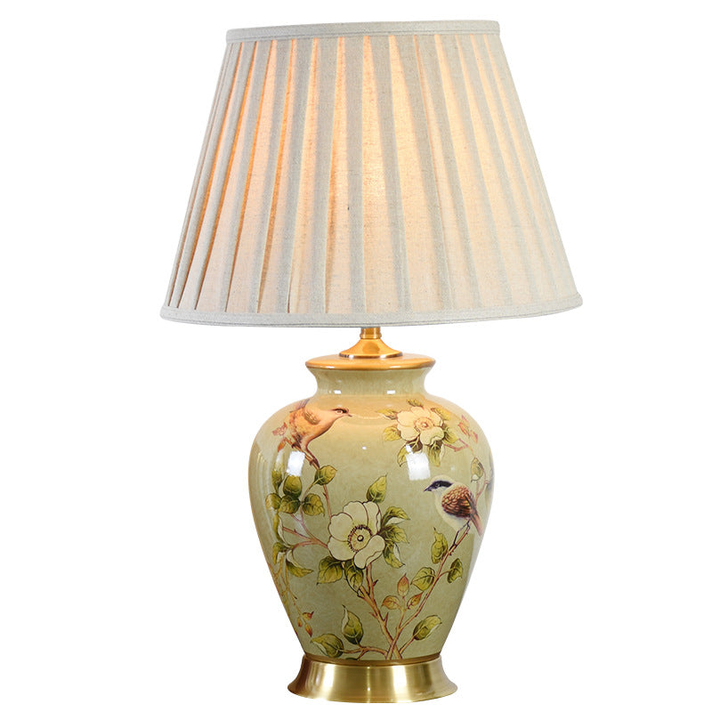 Traditional Chinese Pleated Scalloped Sunflower Double Birds Round Fabric Ceramic 1-Light Table Lamp For Living Room