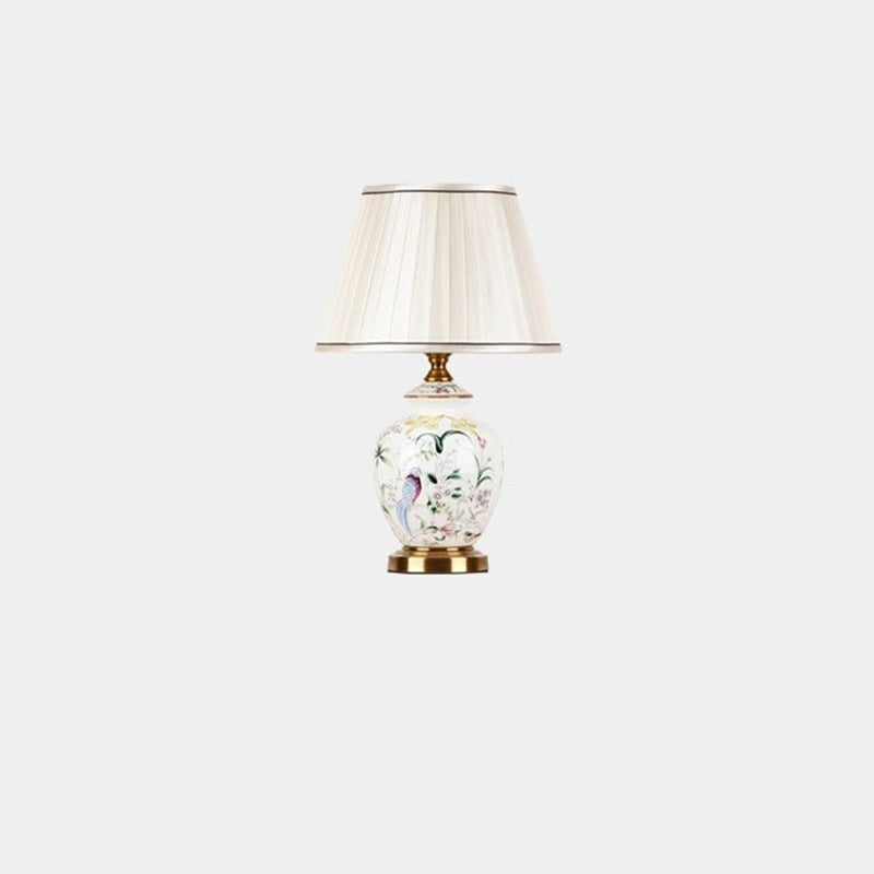 Traditional Chinese Patterned Bird Scalloped Round Fabric Ceramic 1-Light Table Lamp For Living Room