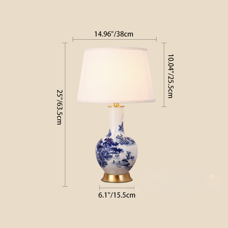 Traditional Chinese Cylinder Scalloped Pine Lapis Lazuli Fabric Ceramic Copper 1-Light Table Lamp For Living Room