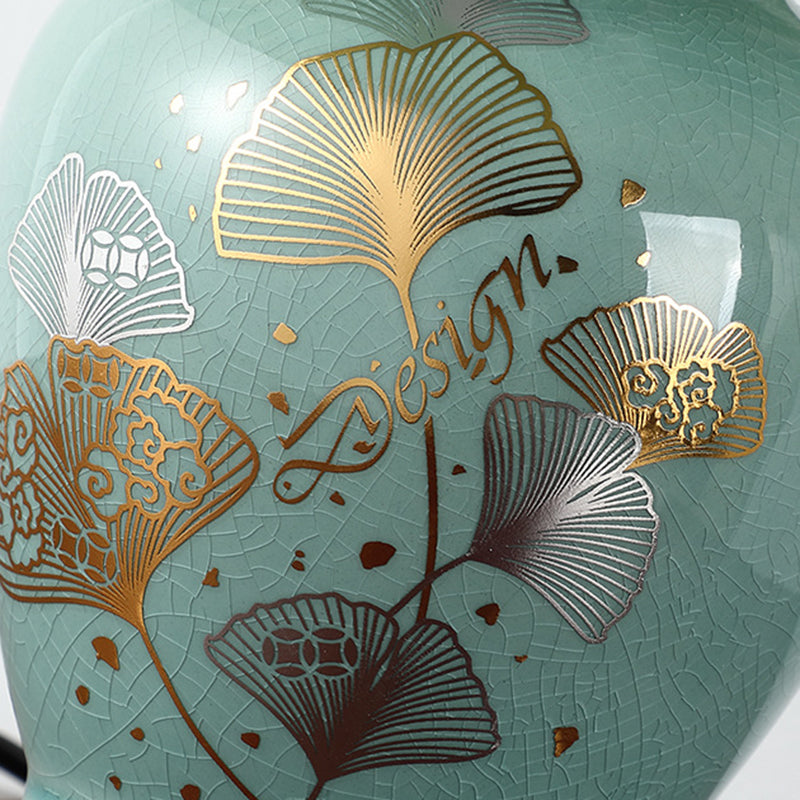 Traditional Chinese Flower Pattern Round Fan Fabric Ceramic 1-Light Table Lamp For Living Room