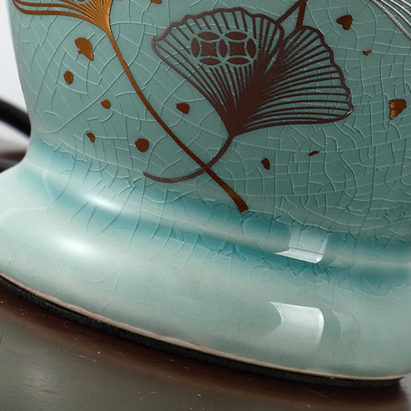 Traditional Chinese Flower Pattern Round Fan Fabric Ceramic 1-Light Table Lamp For Living Room