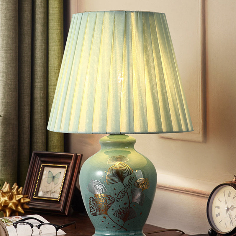 Traditional Chinese Flower Pattern Round Fan Fabric Ceramic 1-Light Table Lamp For Living Room
