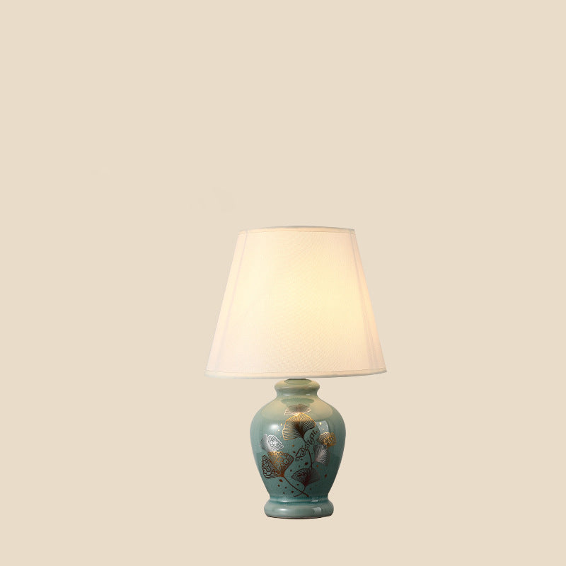 Traditional Chinese Flower Pattern Round Fan Fabric Ceramic 1-Light Table Lamp For Living Room