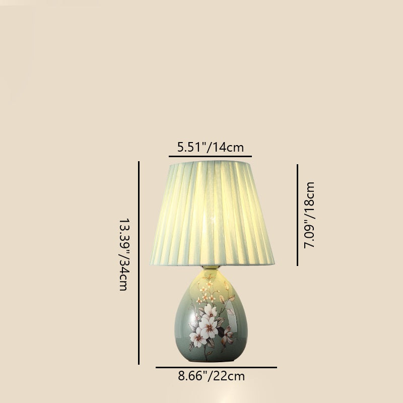 Traditional Chinese Flower Pattern Round Fan Fabric Ceramic 1-Light Table Lamp For Living Room