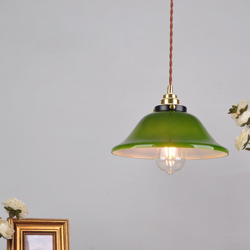 Traditional Vintage Round Floral Glass Brass 1-Light Pendant Light For Living Room