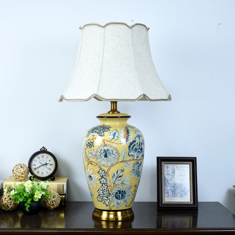 Traditional Vintage Flower Bird Round Distressed Fabric Ceramic 1-Light Table Lamp For Living Room