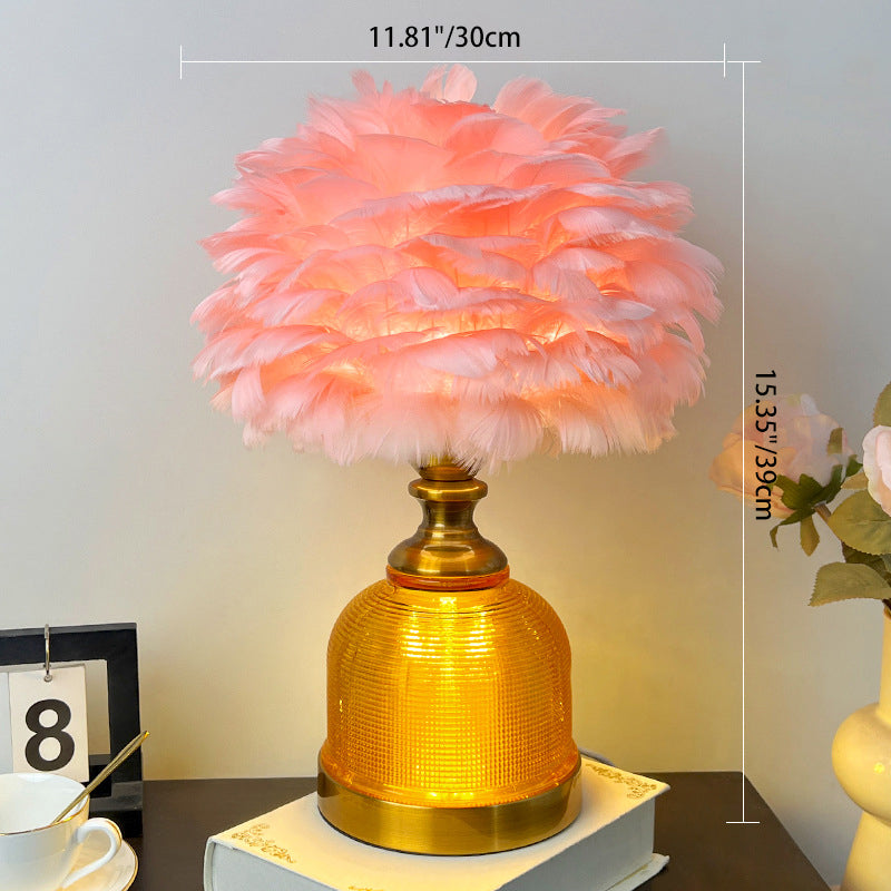 Contemporary Creative Feather Round Cylinder Feather Glass Metal 1-Light Table Lamp For Living Room