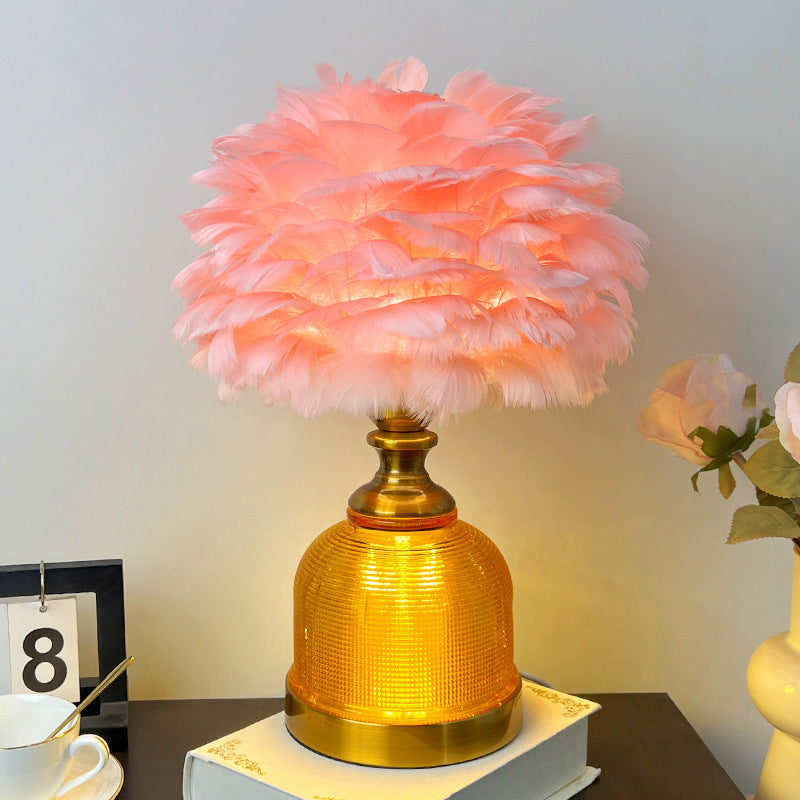 Contemporary Creative Feather Round Cylinder Feather Glass Metal 1-Light Table Lamp For Living Room