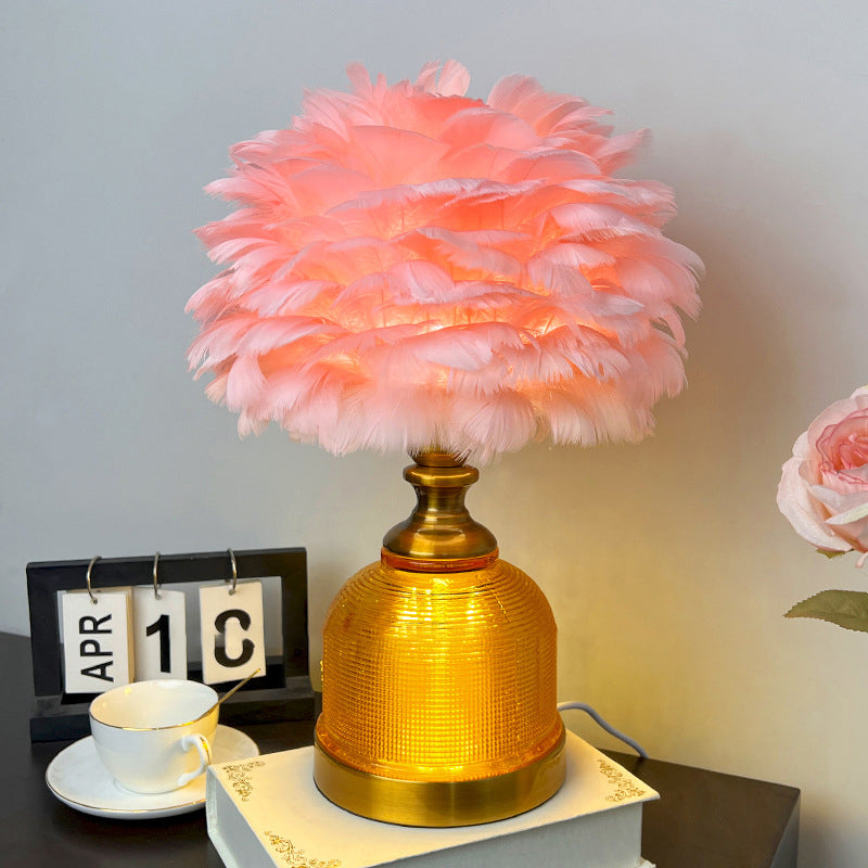Contemporary Creative Feather Round Cylinder Feather Glass Metal 1-Light Table Lamp For Living Room