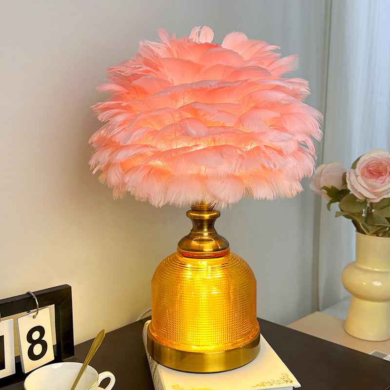 Contemporary Creative Feather Round Cylinder Feather Glass Metal 1-Light Table Lamp For Living Room