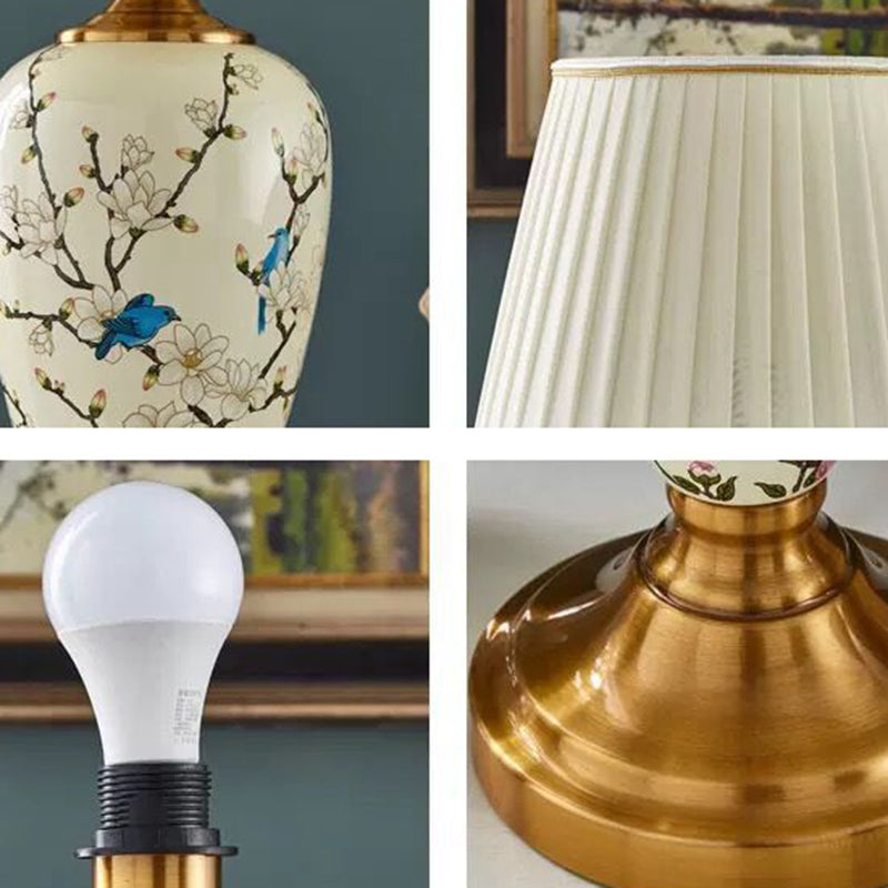 Traditional Chinese Round Fan Leaves Fabric Ceramic 1-Light Table Lamp For Living Room