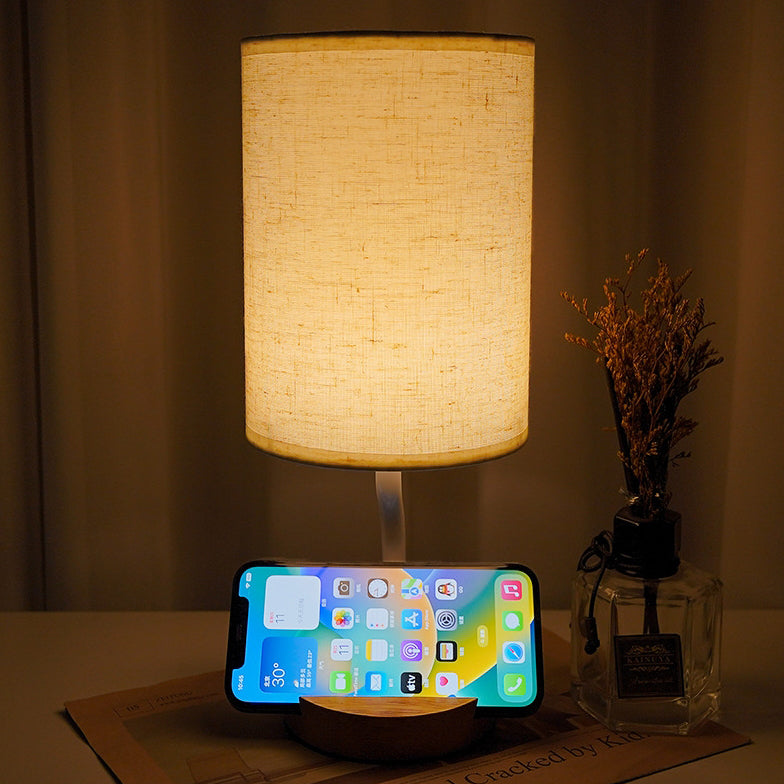 Modern Minimalist Cylinder Round Stand Fabric Wood LED Table Lamp For Living Room