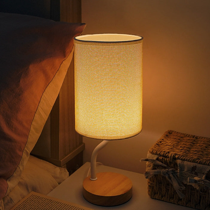 Modern Minimalist Cylinder Round Stand Fabric Wood LED Table Lamp For Living Room