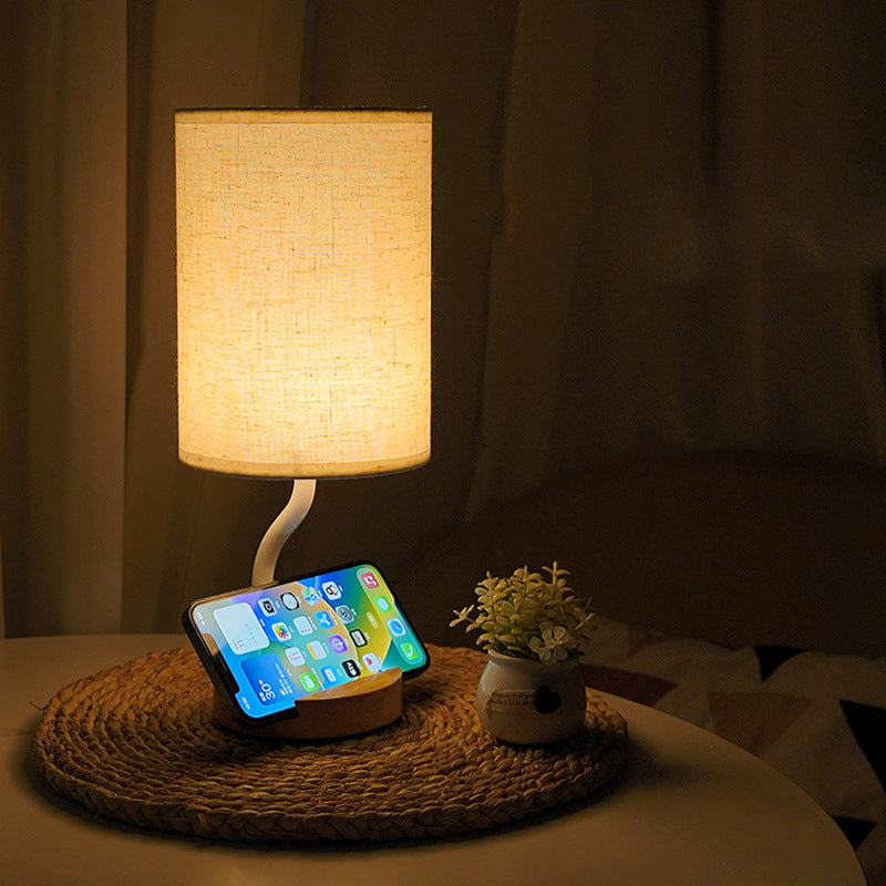Modern Minimalist Cylinder Round Stand Fabric Wood LED Table Lamp For Living Room