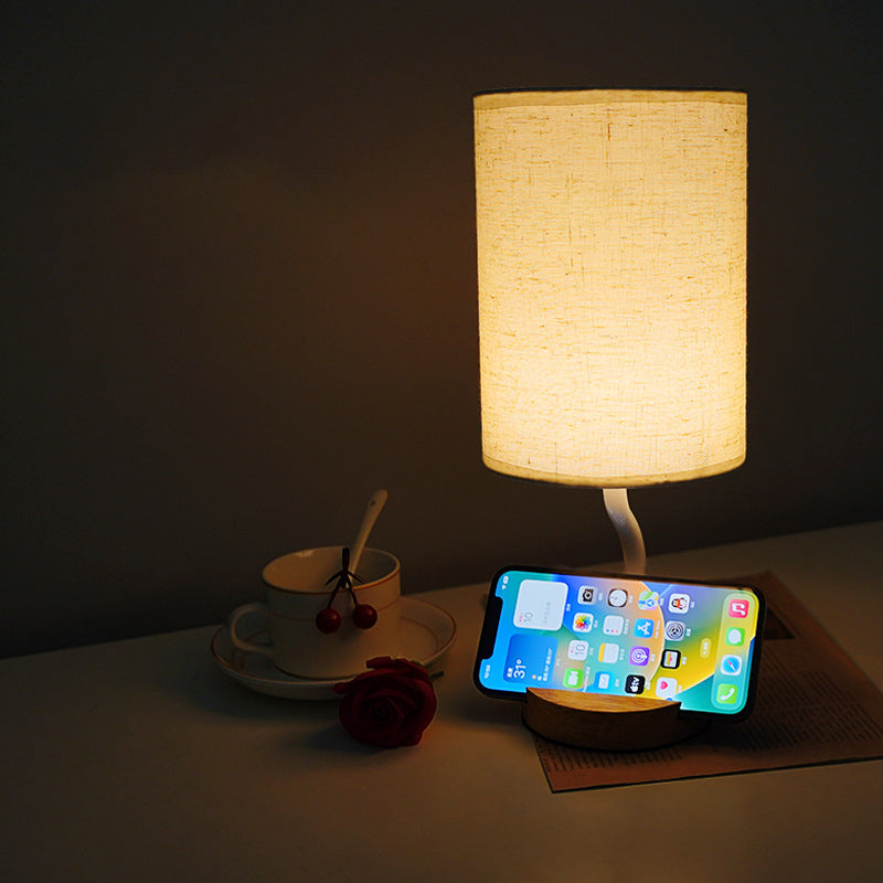 Modern Minimalist Cylinder Round Stand Fabric Wood LED Table Lamp For Living Room