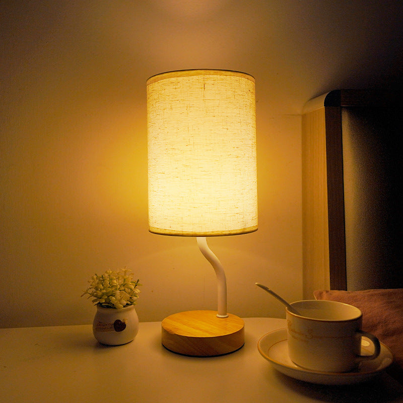 Modern Minimalist Cylinder Round Stand Fabric Wood LED Table Lamp For Living Room