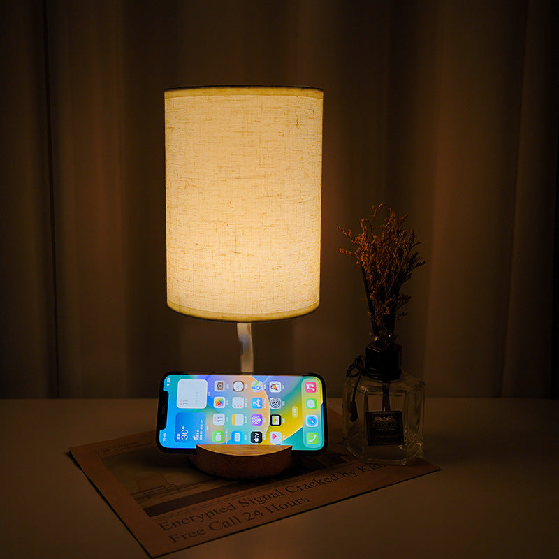 Modern Minimalist Cylinder Round Stand Fabric Wood LED Table Lamp For Living Room