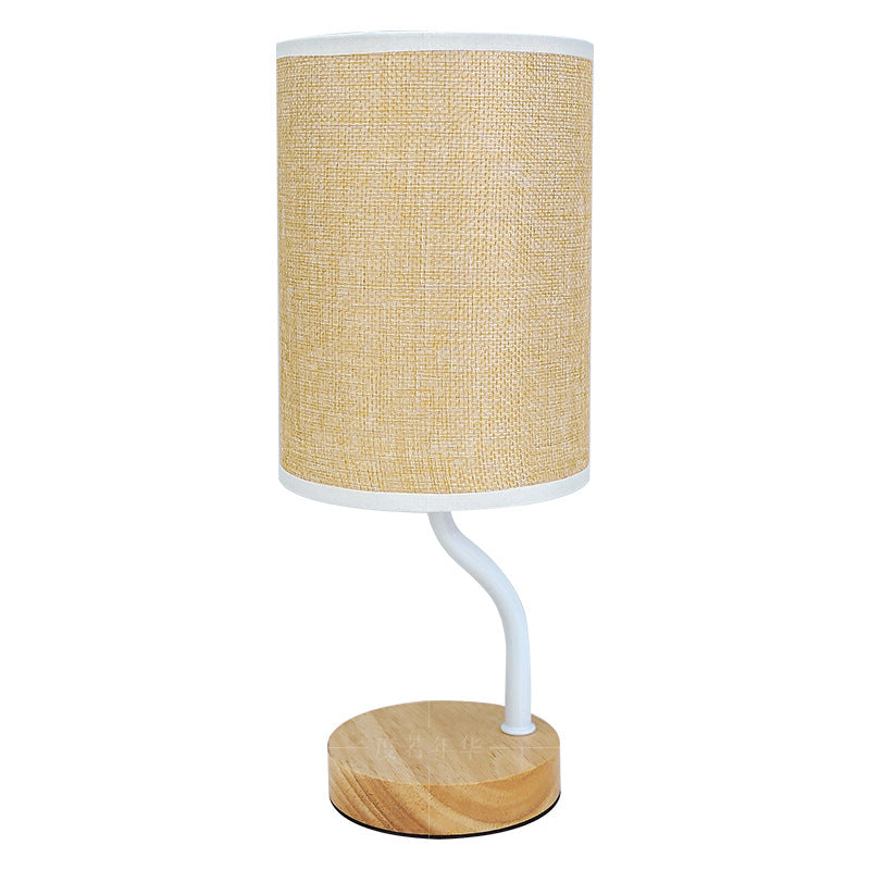 Modern Minimalist Cylinder Round Stand Fabric Wood LED Table Lamp For Living Room