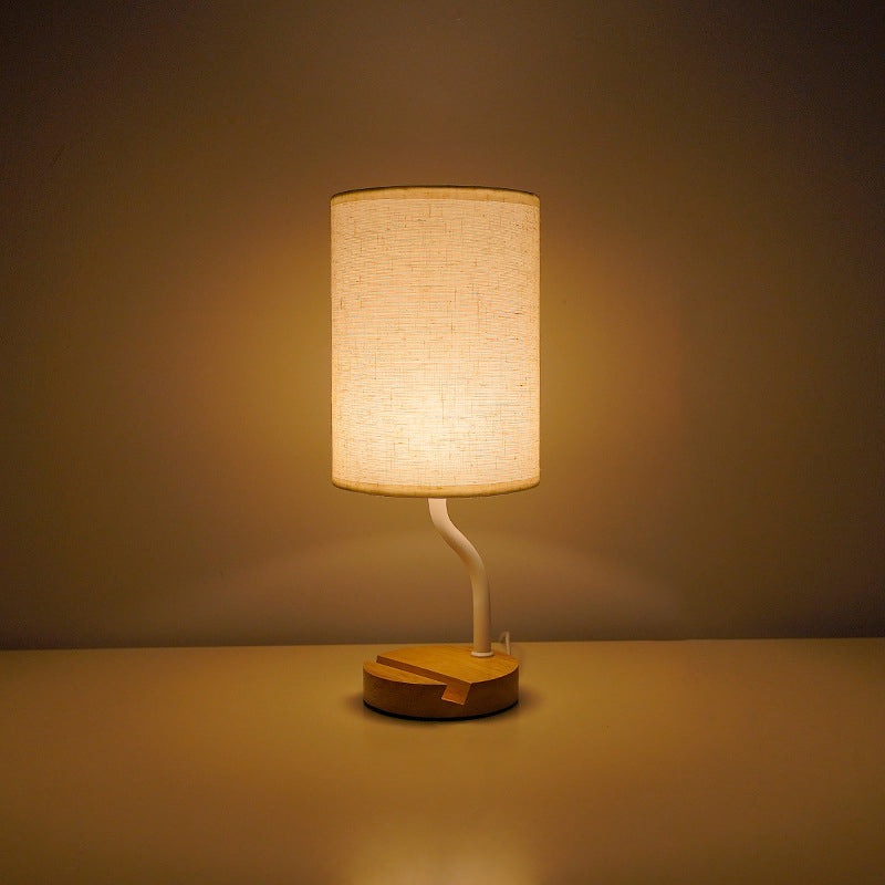 Modern Minimalist Cylinder Round Stand Fabric Wood LED Table Lamp For Living Room