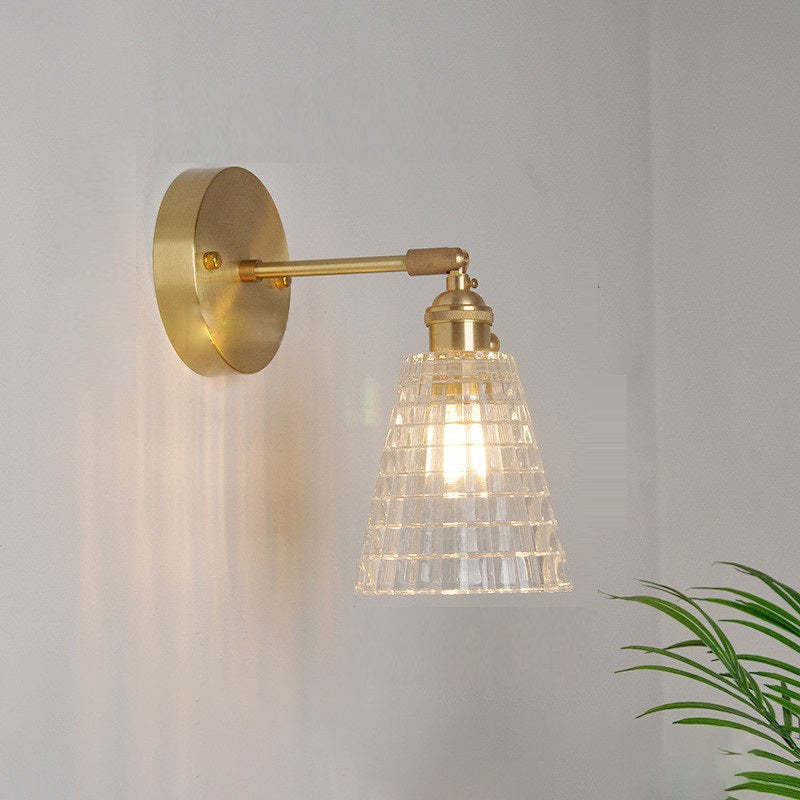 Traditional Vintage Carved Lattice Cone Flower Glass Iron 1-Light Wall Sconce Lamp For Living Room