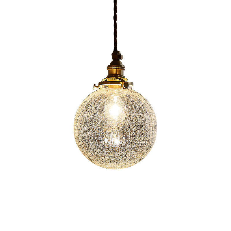 Traditional Vintage Leaf Prism Crackled Orb Diamond Glass Brass 1-Light Pendant Light For Living Room
