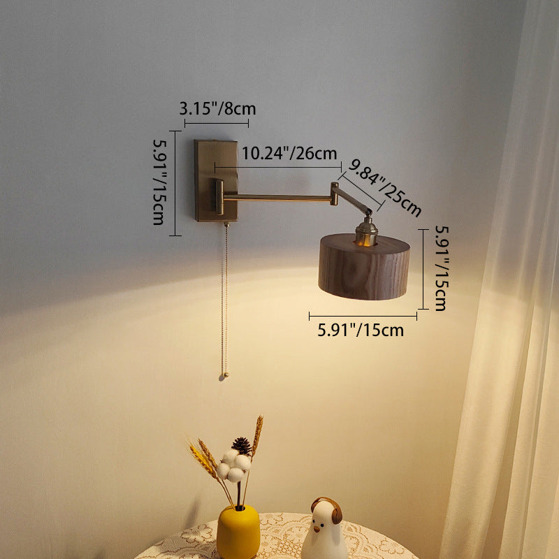 Contemporary Scandinavian Round Column Rotatable Wood Metal 1-Light Wall Sconce Lamp For Bedroom