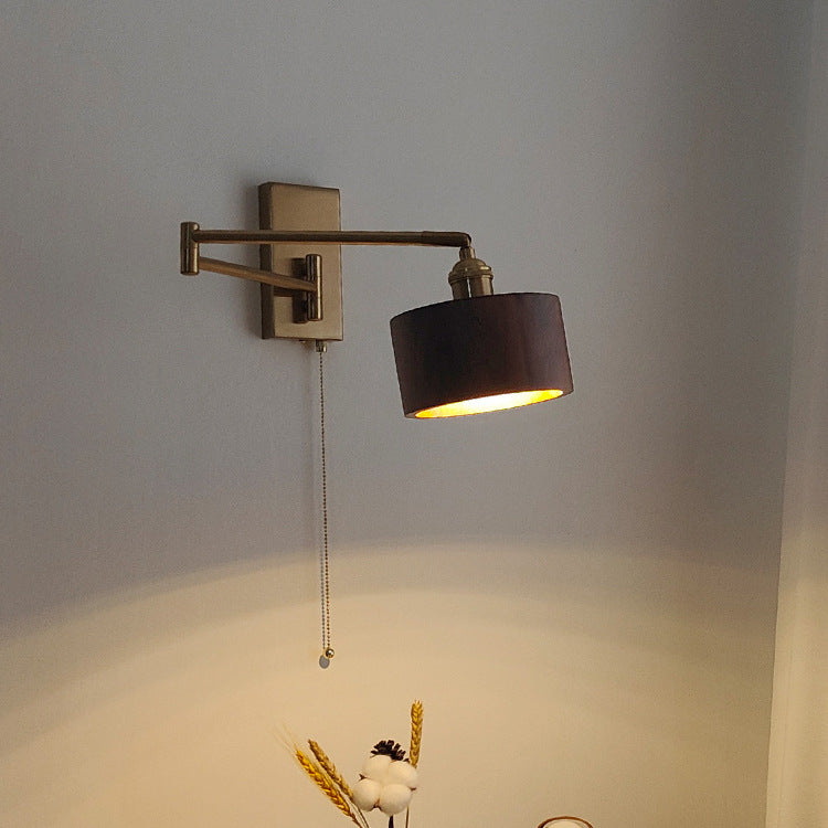 Contemporary Scandinavian Round Column Rotatable Wood Metal 1-Light Wall Sconce Lamp For Bedroom