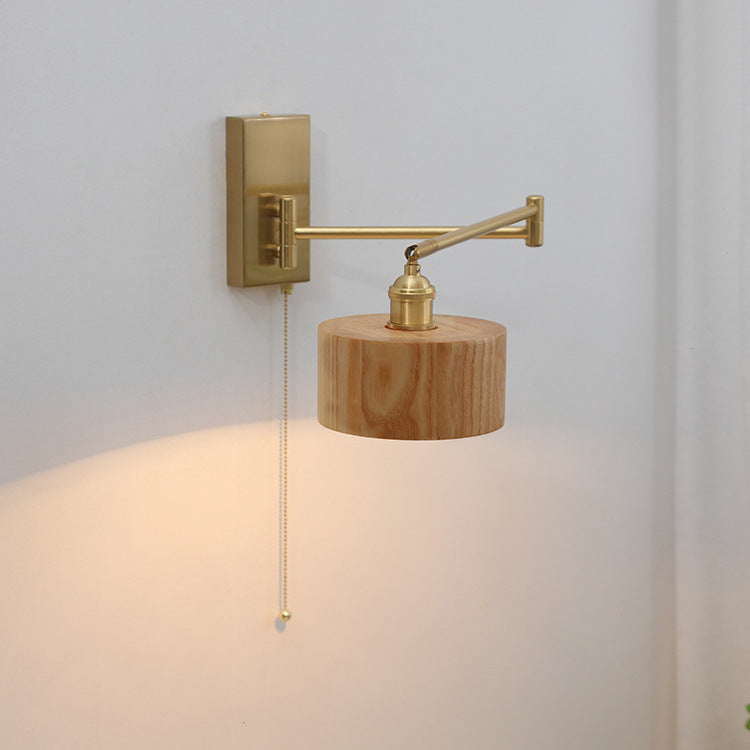 Contemporary Scandinavian Round Column Rotatable Wood Metal 1-Light Wall Sconce Lamp For Bedroom