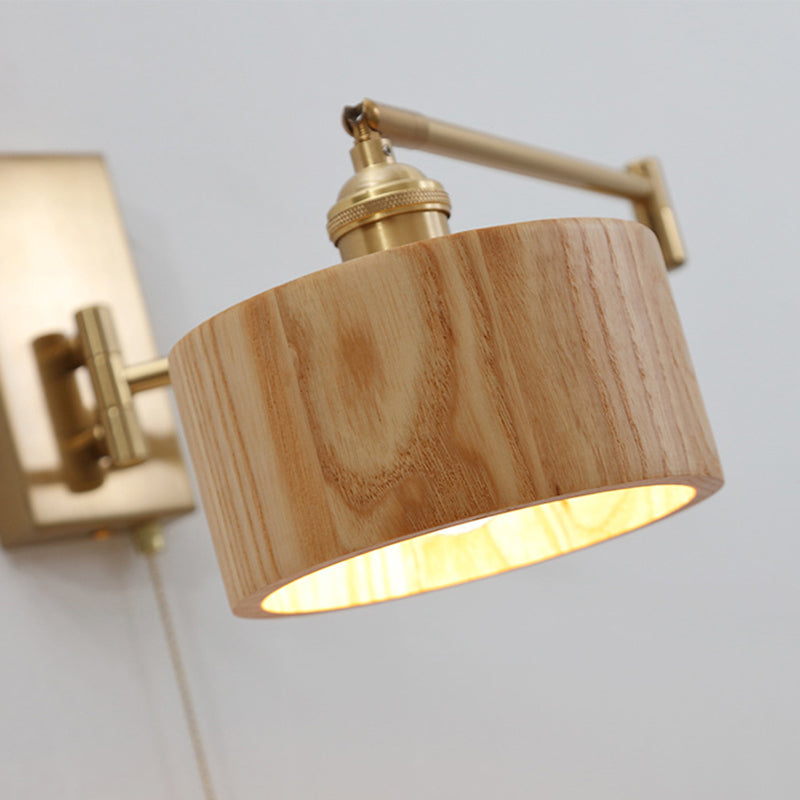 Contemporary Scandinavian Round Column Rotatable Wood Metal 1-Light Wall Sconce Lamp For Bedroom