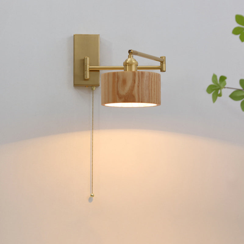 Contemporary Scandinavian Round Column Rotatable Wood Metal 1-Light Wall Sconce Lamp For Bedroom