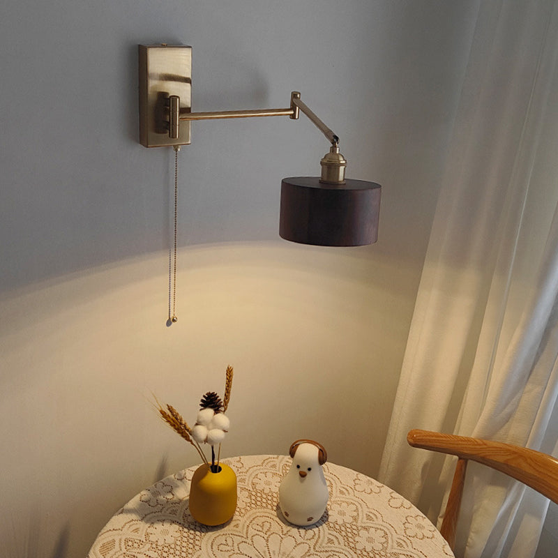 Contemporary Scandinavian Round Column Rotatable Wood Metal 1-Light Wall Sconce Lamp For Bedroom