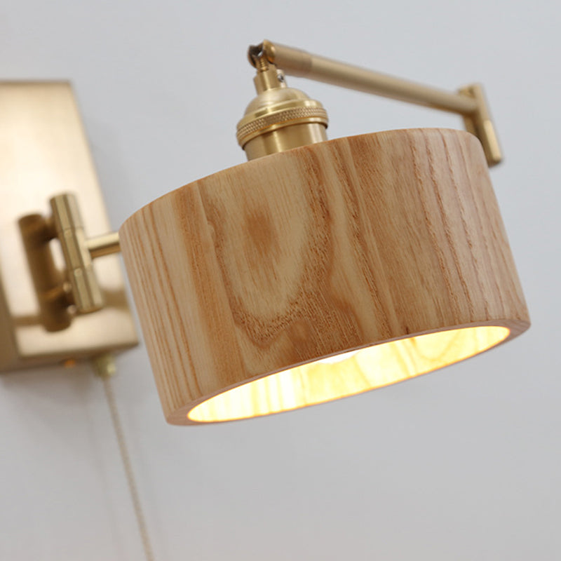 Contemporary Scandinavian Round Column Rotatable Wood Metal 1-Light Wall Sconce Lamp For Bedroom
