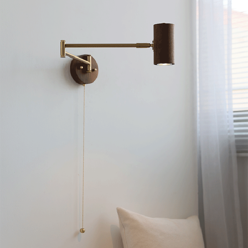 Traditional Japanese Cylinder Swing Arm Adjustable Round Wood Iron 1-Light Wall Sconce Lamp For Bedroom