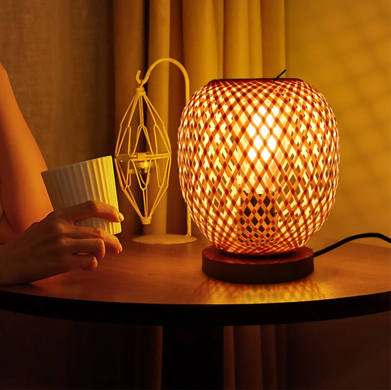 Contemporary Creative Openwork Round Bamboo Wood 1-Light Table Lamp For Living Room