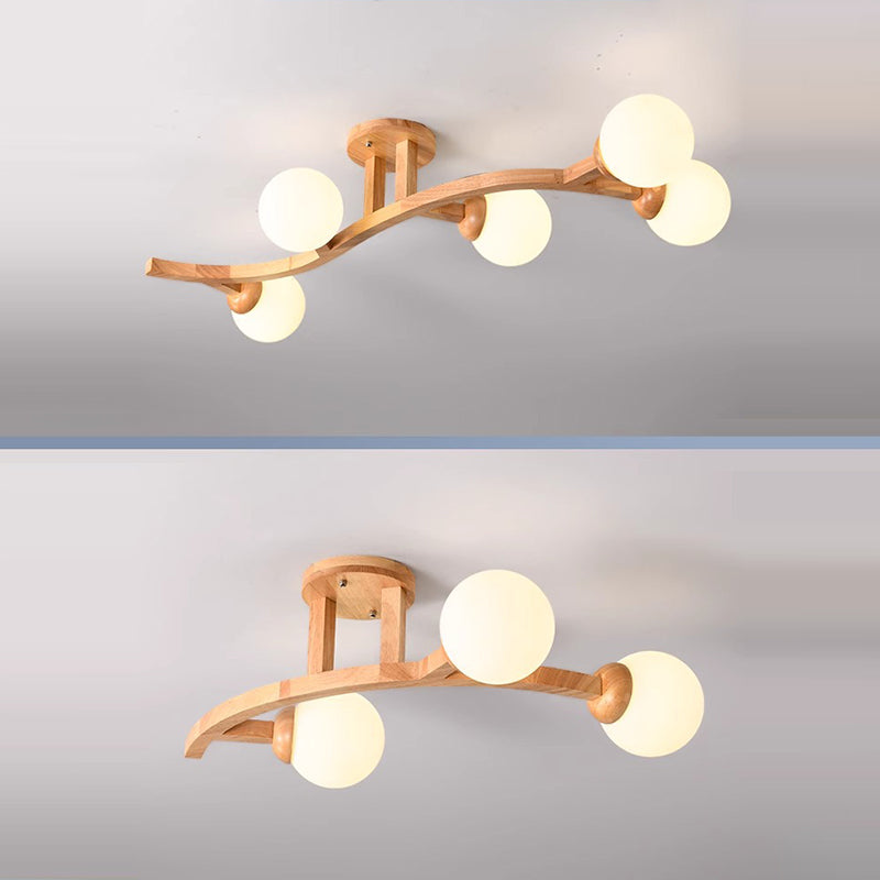 Contemporary Creative Branches Shapes Curves Glass Rubberwood 3/5/7 Light Semi-Flush Mount Ceiling Light For Living Room