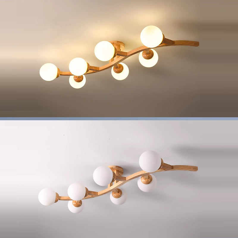 Contemporary Creative Branches Shapes Curves Glass Rubberwood 3/5/7 Light Semi-Flush Mount Ceiling Light For Living Room