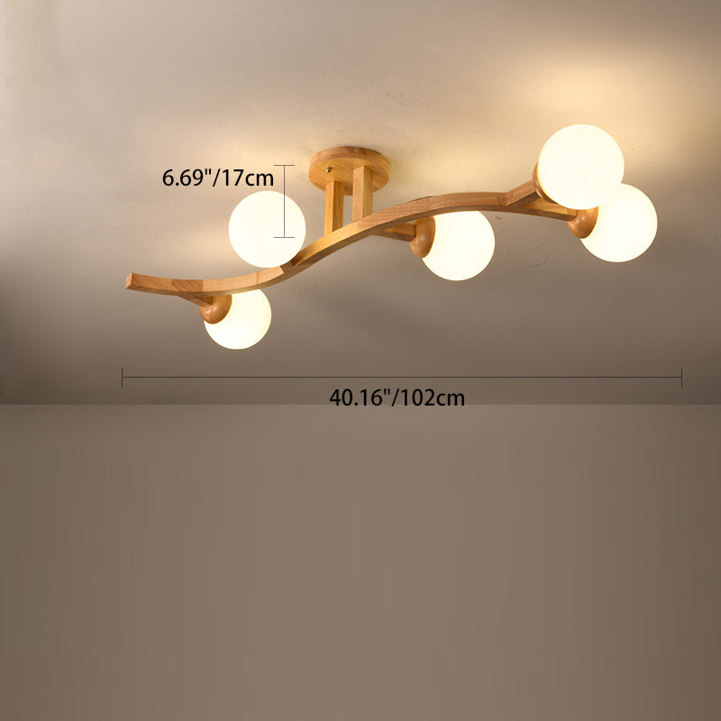 Contemporary Creative Branches Shapes Curves Glass Rubberwood 3/5/7 Light Semi-Flush Mount Ceiling Light For Living Room