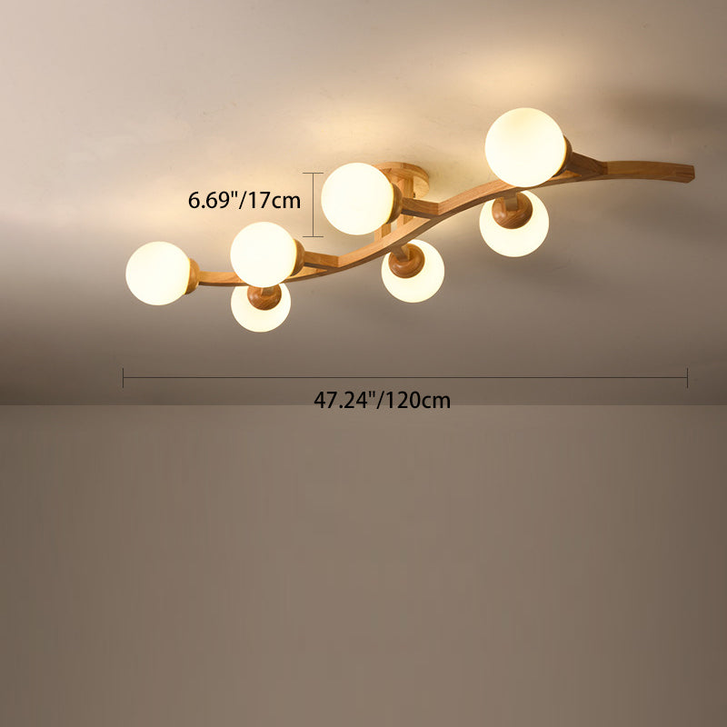 Contemporary Creative Branches Shapes Curves Glass Rubberwood 3/5/7 Light Semi-Flush Mount Ceiling Light For Living Room