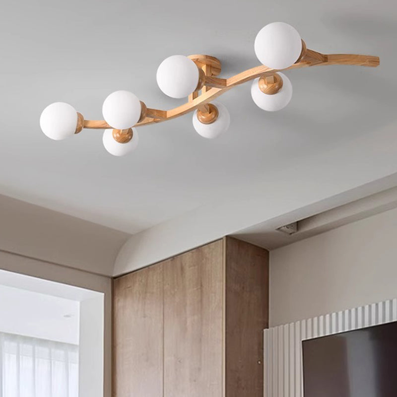Contemporary Creative Branches Shapes Curves Glass Rubberwood 3/5/7 Light Semi-Flush Mount Ceiling Light For Living Room