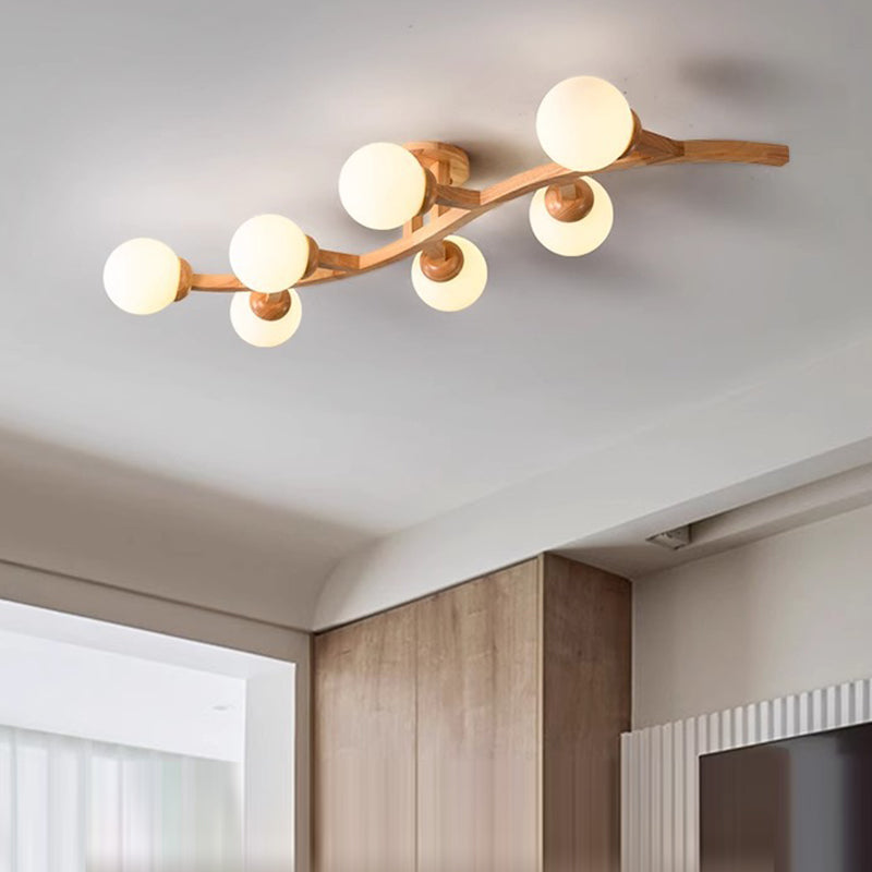 Contemporary Creative Branches Shapes Curves Glass Rubberwood 3/5/7 Light Semi-Flush Mount Ceiling Light For Living Room