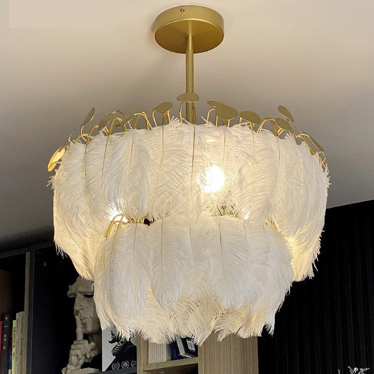 Contemporary Creative Round Double Layer Leaf Feather Iron 1/3 Light Chandelier For Living Room