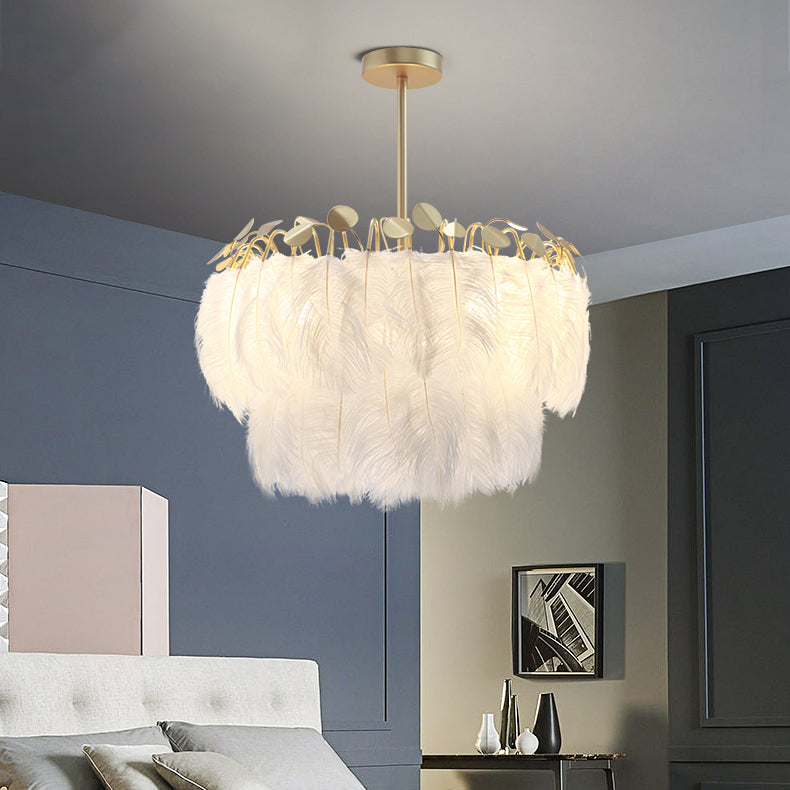Contemporary Creative Round Double Layer Leaf Feather Iron 1/3 Light Chandelier For Living Room