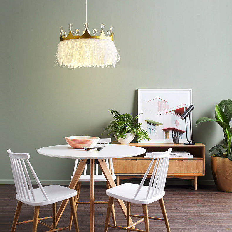 Modern Luxury Crown Shape Round Feather Crystal Iron 1-Light Chandelier For Living Room