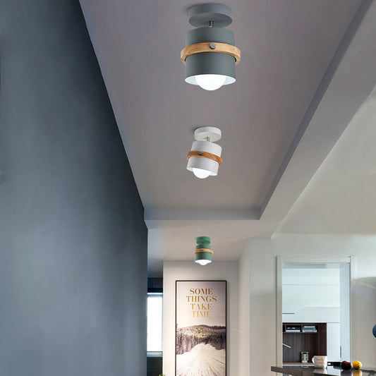 Contemporary Scandinavian Rotatable Cylinder Round Wood Iron 1-Light Semi-Flush Mount Ceiling Light For Living Room