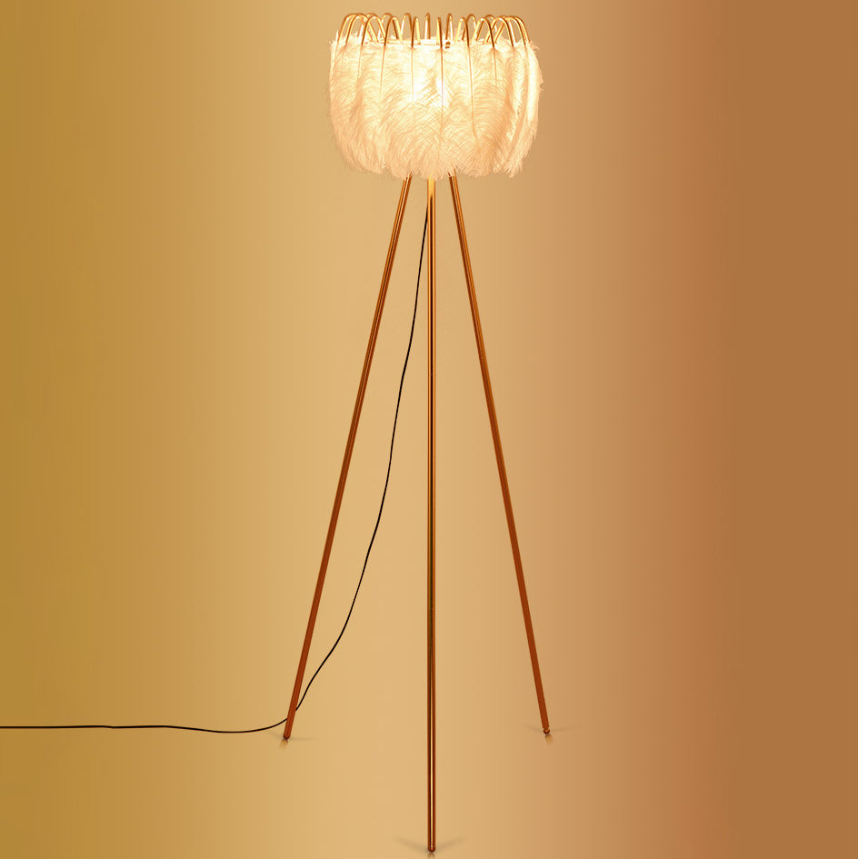 Contemporary Creative Curved Round Natural Feather Iron 1-Light Standing Floor Lamp For Living Room