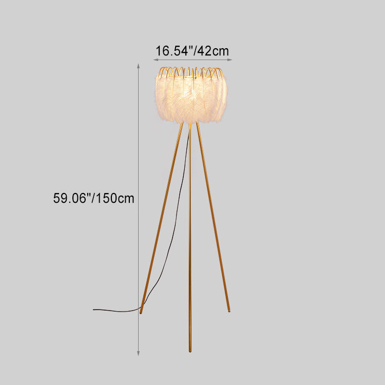 Contemporary Creative Curved Round Natural Feather Iron 1-Light Standing Floor Lamp For Living Room