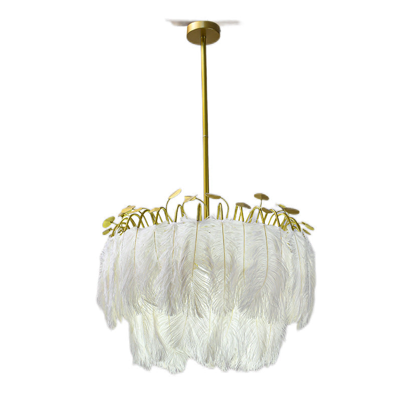 Contemporary Scandinavian Double Round Branch Feather Iron 3-Light Chandelier For Living Room