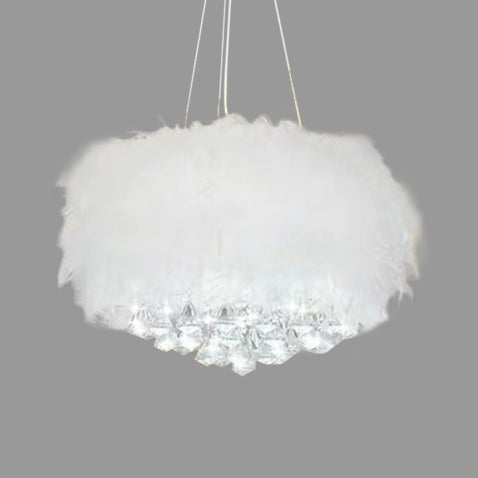 Contemporary Creative Cream Feather Round Goose Wool Crystal Metal 1-Light Chandelier For Living Room