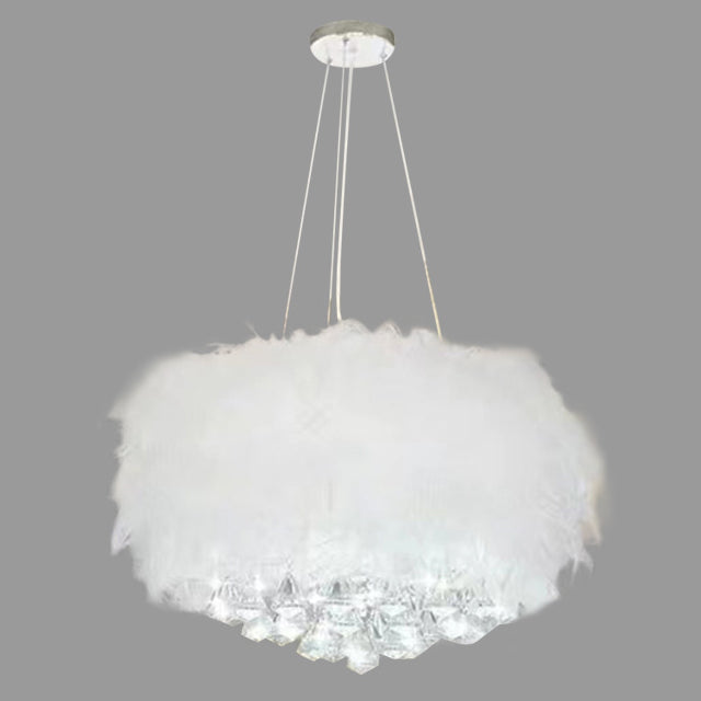 Contemporary Creative Cream Feather Round Goose Wool Crystal Metal 1-Light Chandelier For Living Room