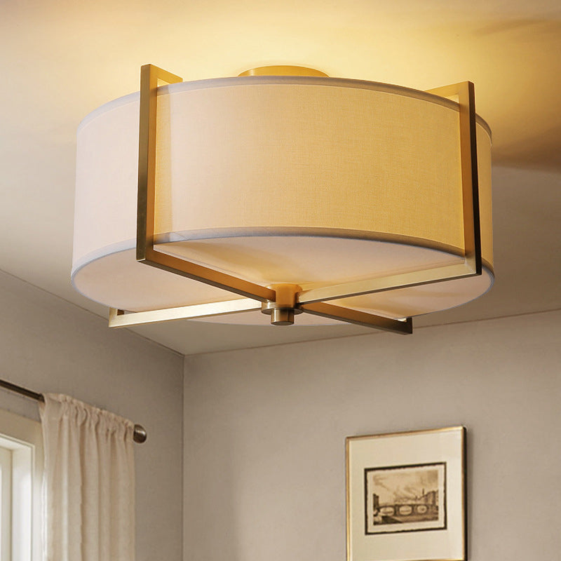 Traditional Vintage Round Cross Shape Fabric Copper 5-Light Semi-Flush Mount Ceiling Light For Living Room